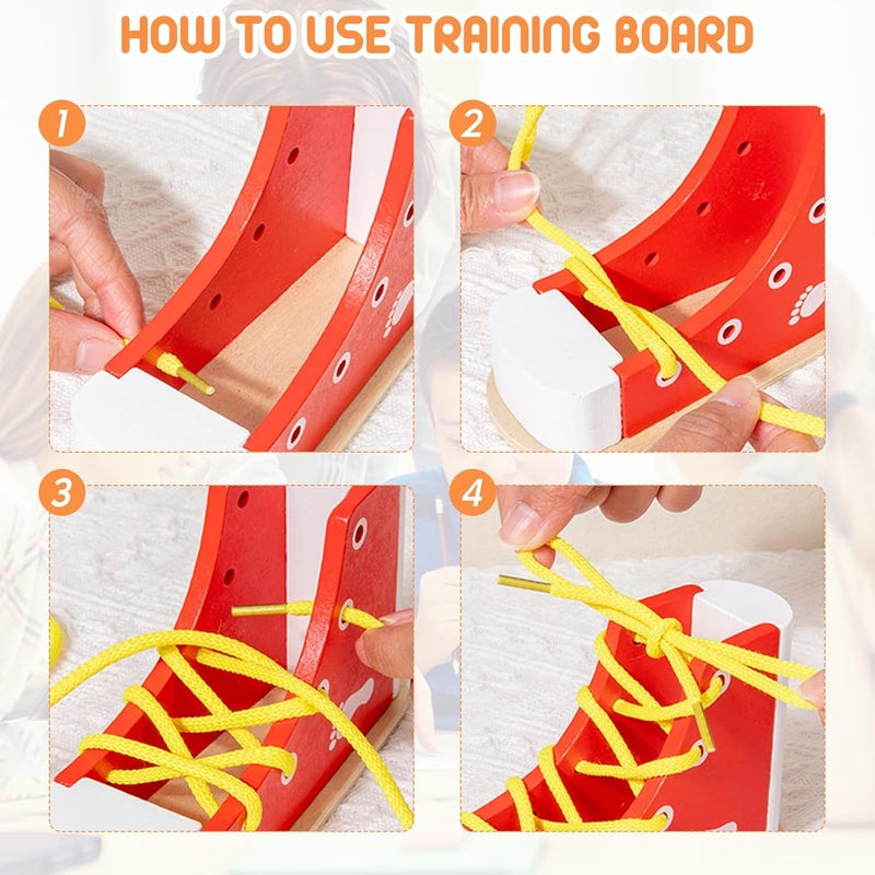 FLATRI Shoe Tying Practice for Kids, Red Shoe Tie Practice for Kids Threading Lacing Shoes Training, Wooden Learn to Tie Shoes Basic-Life-Skills - Image 4